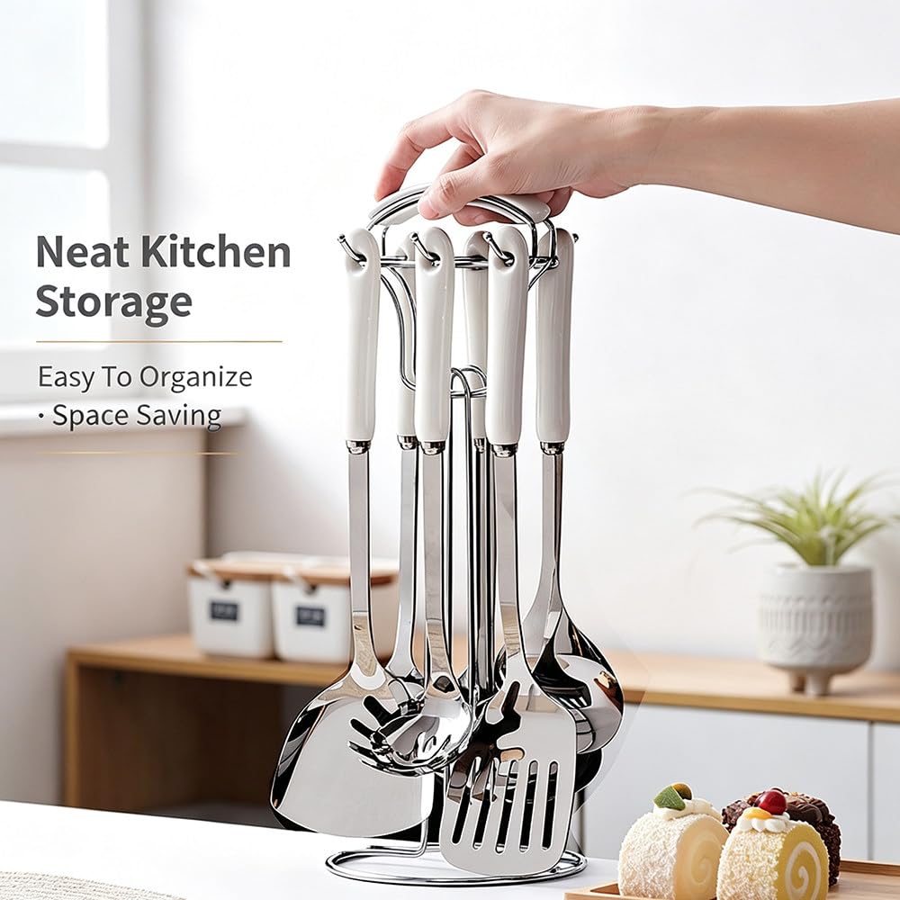 Set di 7 Utensili da Cucina in Acciaio Inox 201 con Supporto, Kit Comprensivo di Spatola E Mestolo con Manico in Ceramica Termoisolante per La Cucina Domestica Pink