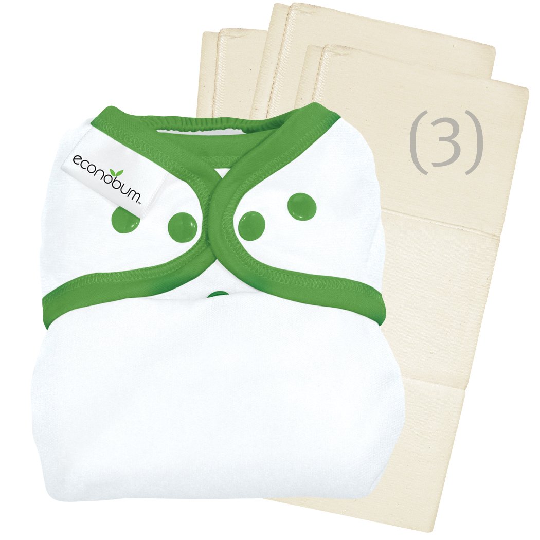econobum Reusable One-Size Trial Pack, 1 Diaper Cover and 3 Cotton Prefolds (Ribbit)