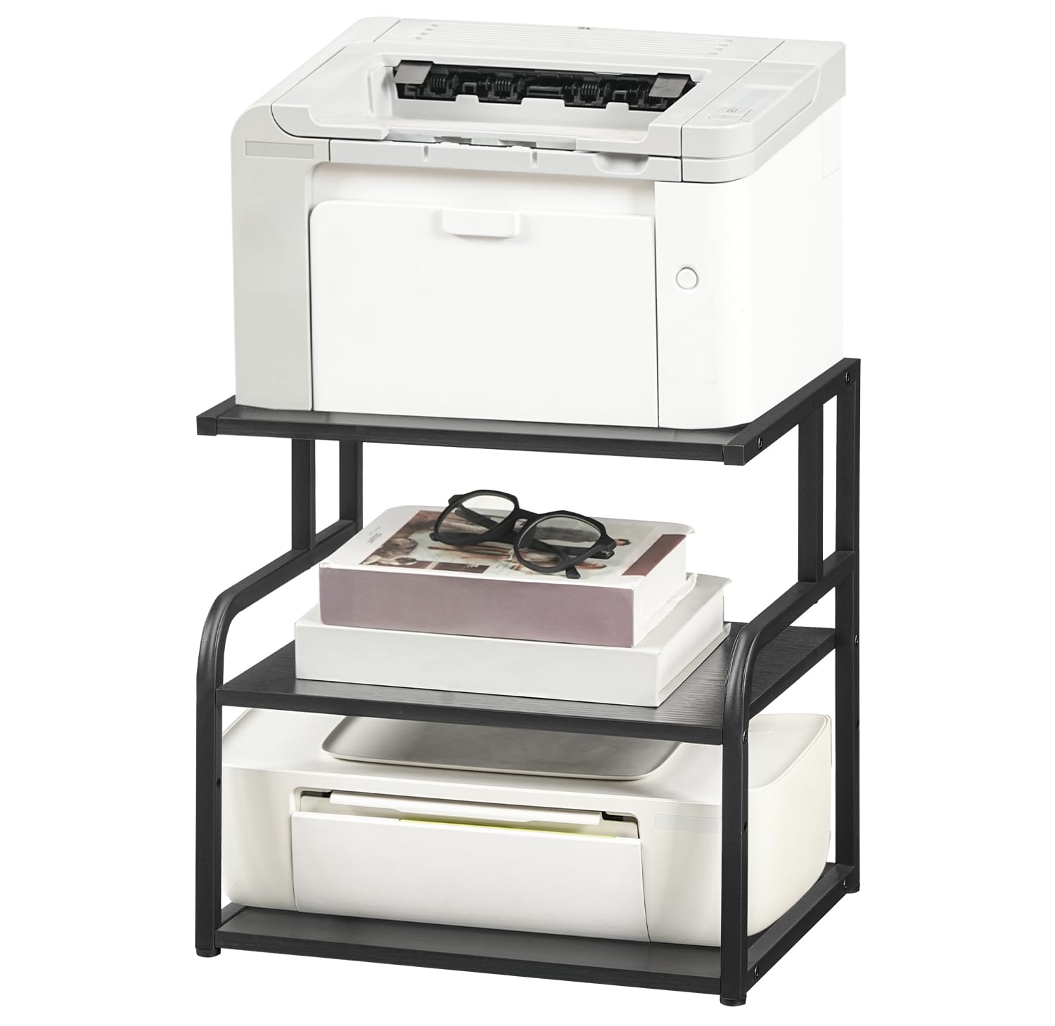 HOOBRO Supporto per Stampante a 3 Ripiani, Mensola da Scrivania, Supporto sotto Tavolo, Scaffale Portaoggetti con 1 Ripiano Regolabile, per Casa, Ufficio, Cucina, Soggiorno, Nero EBB06PS01