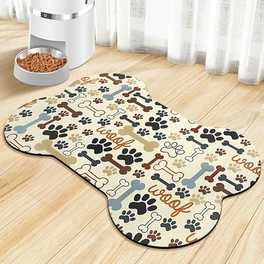 Dog Food Mats for Floors Waterproof, Pet Feeding Absorbent Water Bowl Mat Cat Placemats Beige Bone Shape 19 * 12 inch