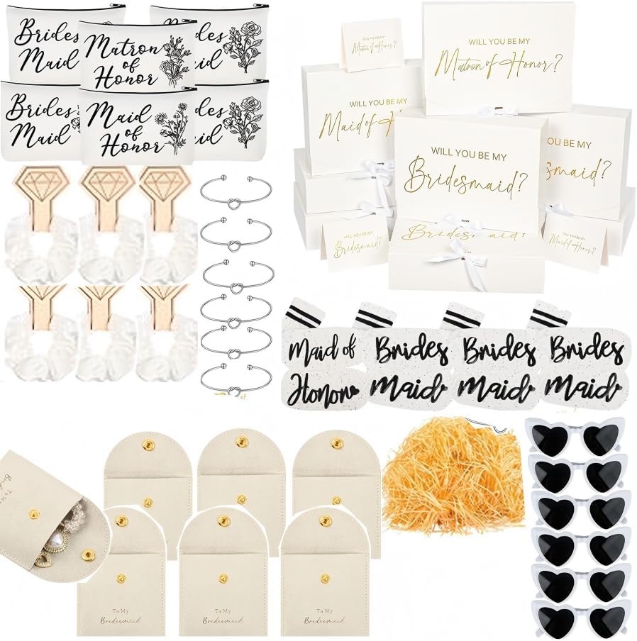 49Pcs Bridesmaid Proposal Gifts, Maid of Honor Gifts Includes Bridesmaid Proposal Box, Cards, Scrunchies, Socks, Bracelets, Jewelry Bags and Sunglasses