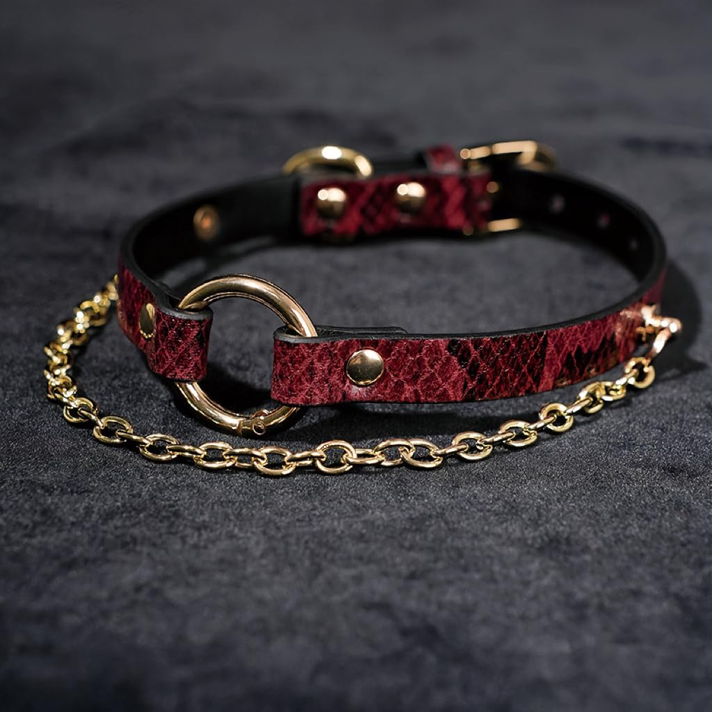 Red Snakeskin Leather Choker Necklace with Gold Chain – Gothic Punk Adjustable Women’s Collar - Image 3