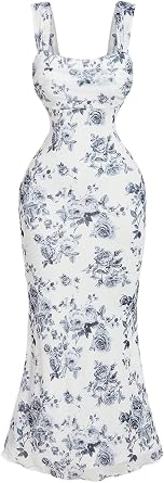 GORGLITTER Women's Floral Wedding Guest Bridal Shower Cocktail Midi Dresses | Baby Shower, Summer, Bodycon Dresses, Sweetheart Neckline Dress, Bridesmaid, Sundresses