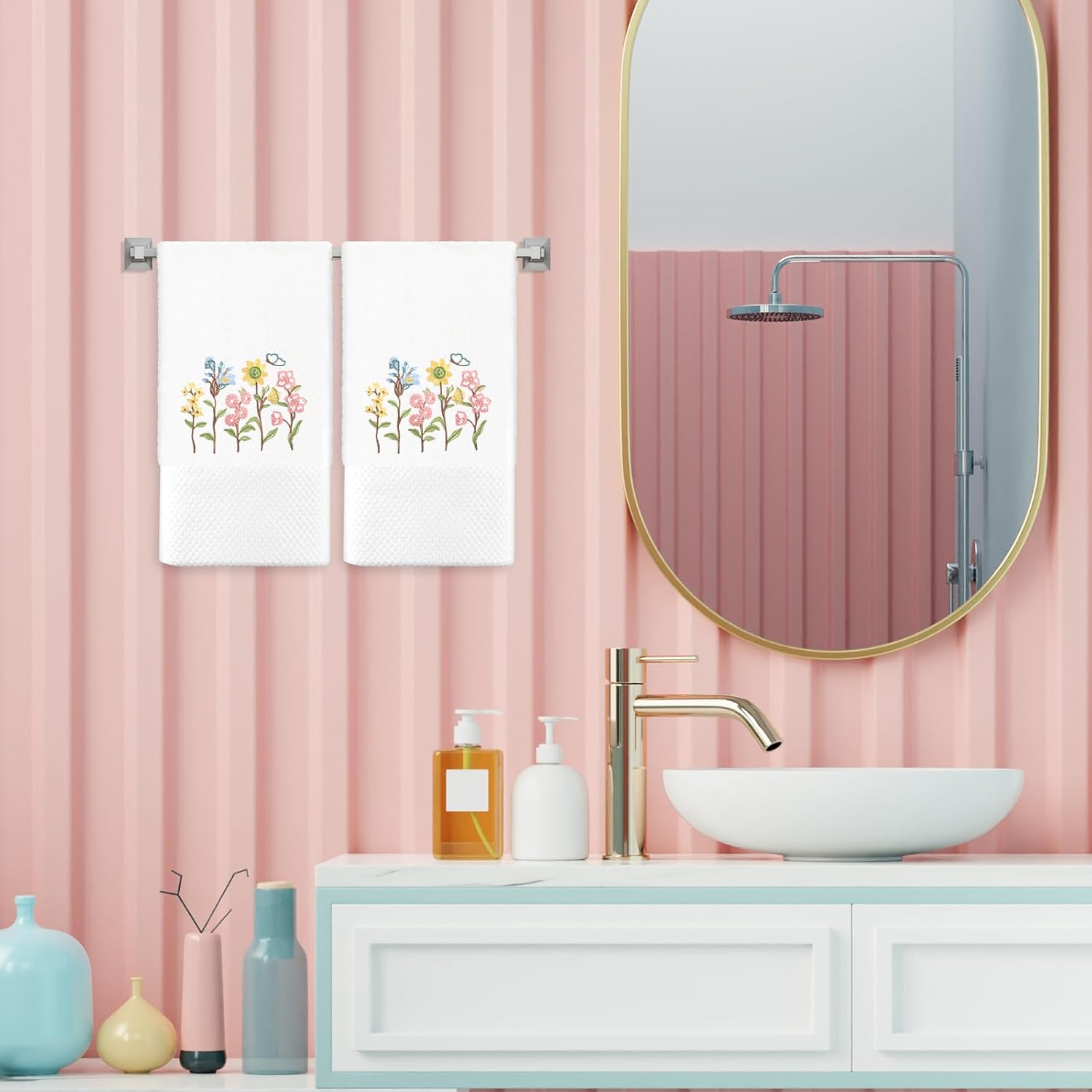 JarThenaAMCS 2Pcs Spring Floral Hand Towels Cotton Embroidered Wildflower Bathroom Towel with Ribbon Flower Kitchen Dish Towel for Hand Drying Cleaning Cooking, 29.5 x 13.7 Inch - Image 6