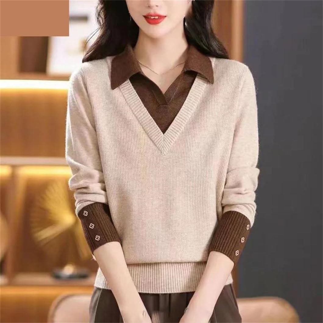 Women's Fall Fake Two Piece Knitted Pullover Sweater Lapel Slim Long Sleeve Base Layer Sweaters