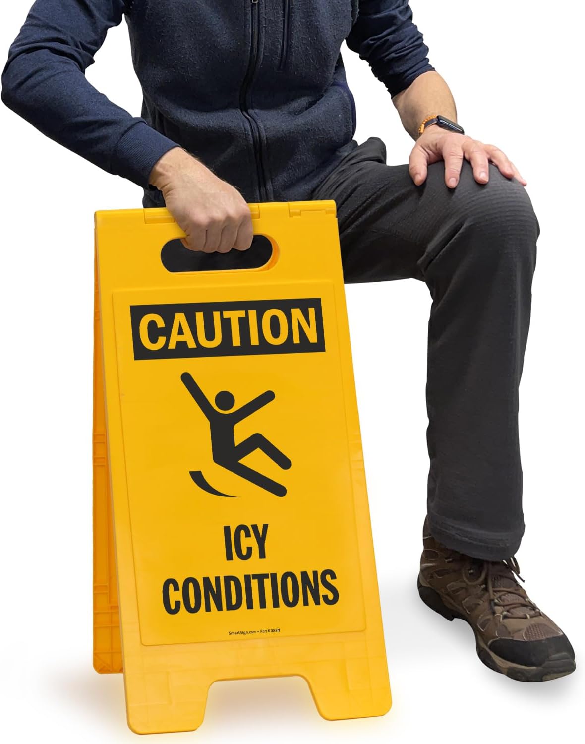 SmartSign 25 x 12 inch “Caution - Icy Conditions” Two-Sided Folding Floor Sign, Plastic, Red, Black and Yellow