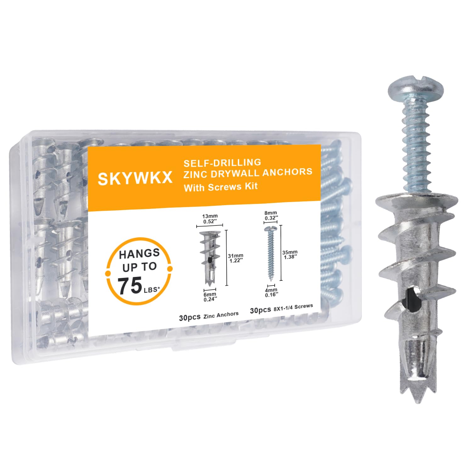 SKYWKX #8 Self Drilling Drywall Anchors Screw Kit – 30 Sets Dry Wall Anchors and Screw for Drywall with 30 Self-Tapping Thread Zinc Sheetrock Anchor
