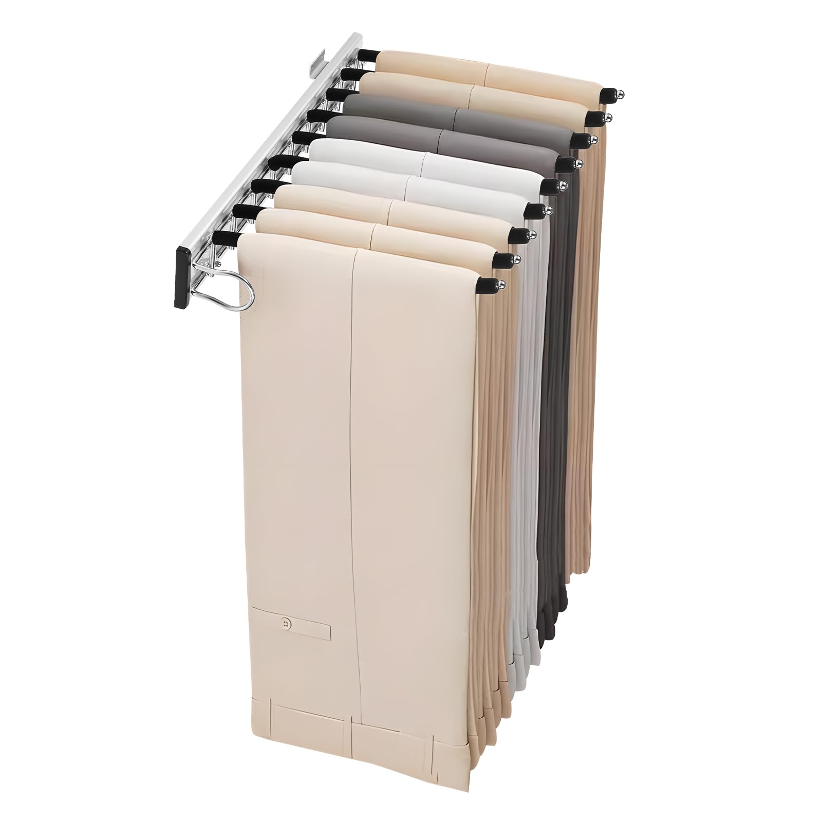 BYGOVICE Pull Out Trousers Rack, 9 Arms Retractable Closet Pants Hanger, Side Mounted Trouser Hanger Rack, Pant Organizer for Closet, Suitable for Clothes Towel Scarf Trousers Tie (Left Installation)