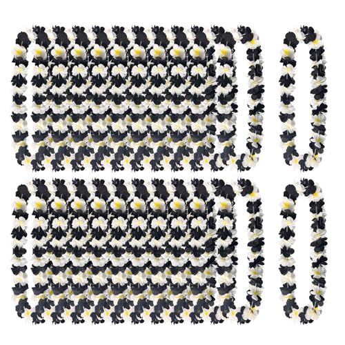 Mowane Leis for Luau Party, Premium Full 24 Count Thick and 41.5” Lush Flower, Beach Wedding Birthday Christmas & New Year’s Eve, Winter Celebrations (24 White Yellow Hearted & Black Leis)