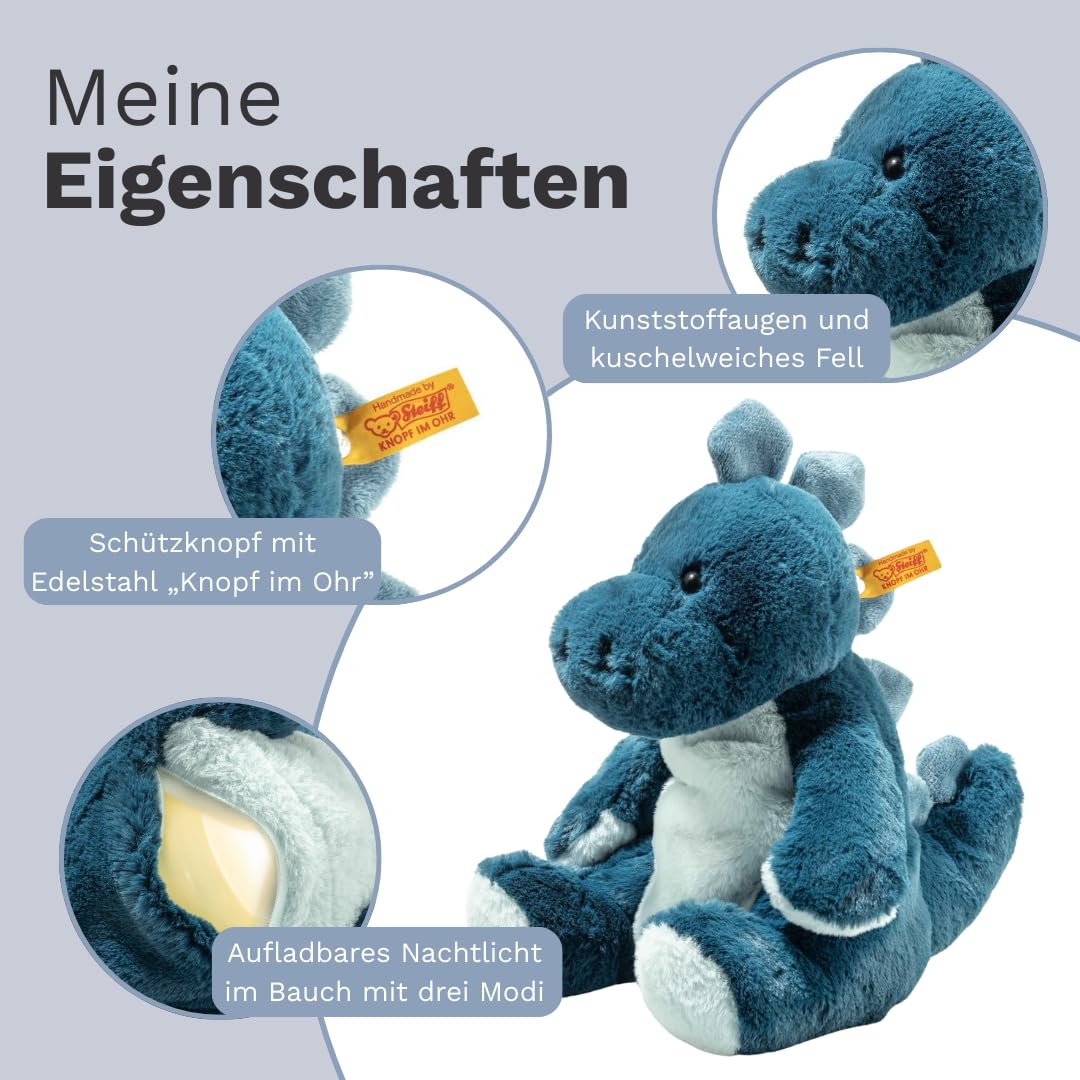 Steiff Kuscheltier mit Nachtlicht Spott Stegosaurus, Süßes Stofftier mit Kunststoffaugen, Kinder, Jungen & Mädchen, Friends, 28 cm, Mittelblau, 067266