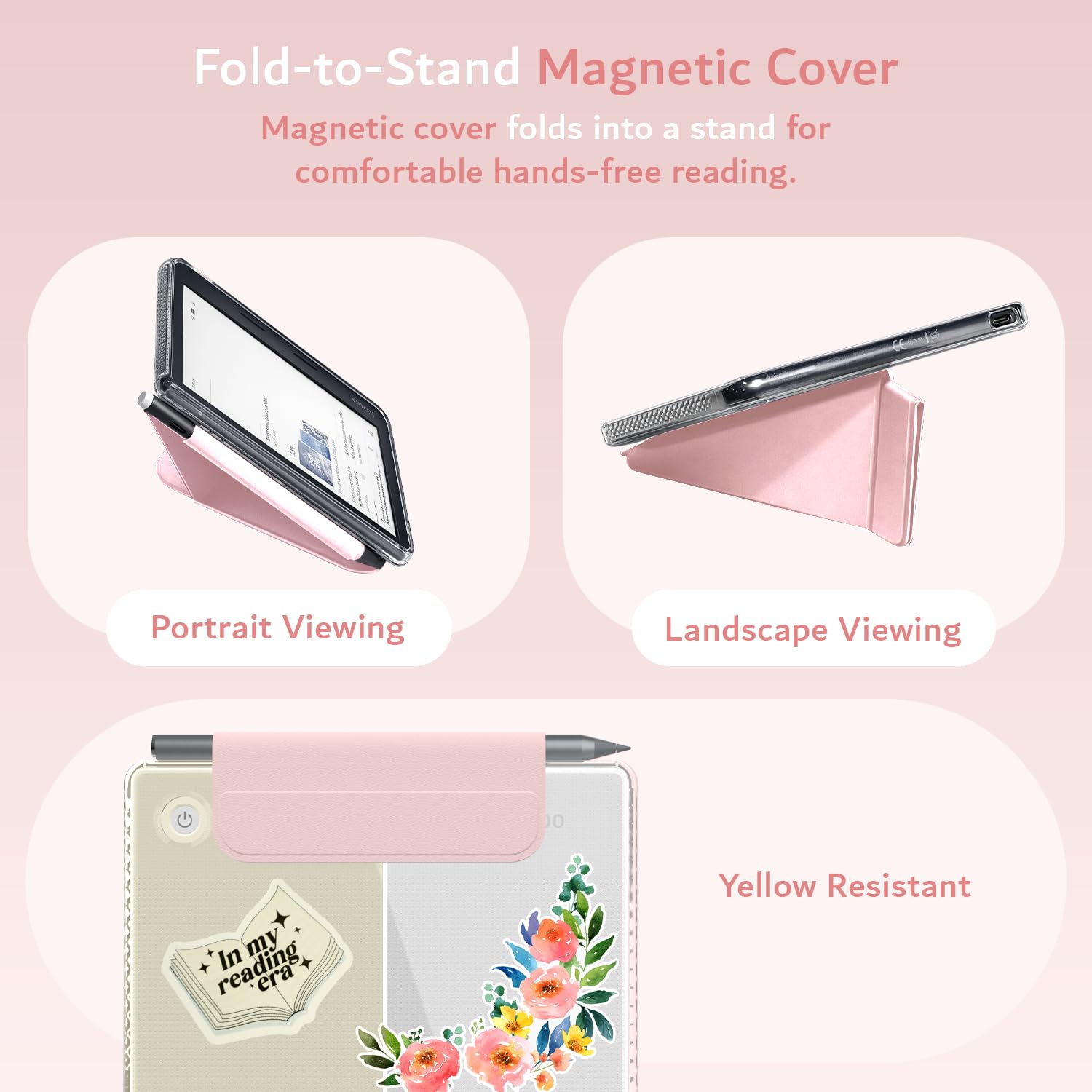 TUDIA M-FLIP Detachable Clear Magnetic Case for Kobo Libra Colour (2024) - [Auto Wake/Sleep] Shockproof Slim Transparent Back Magnetic Fold Cover with Stylus Holder (Pink) — view 7