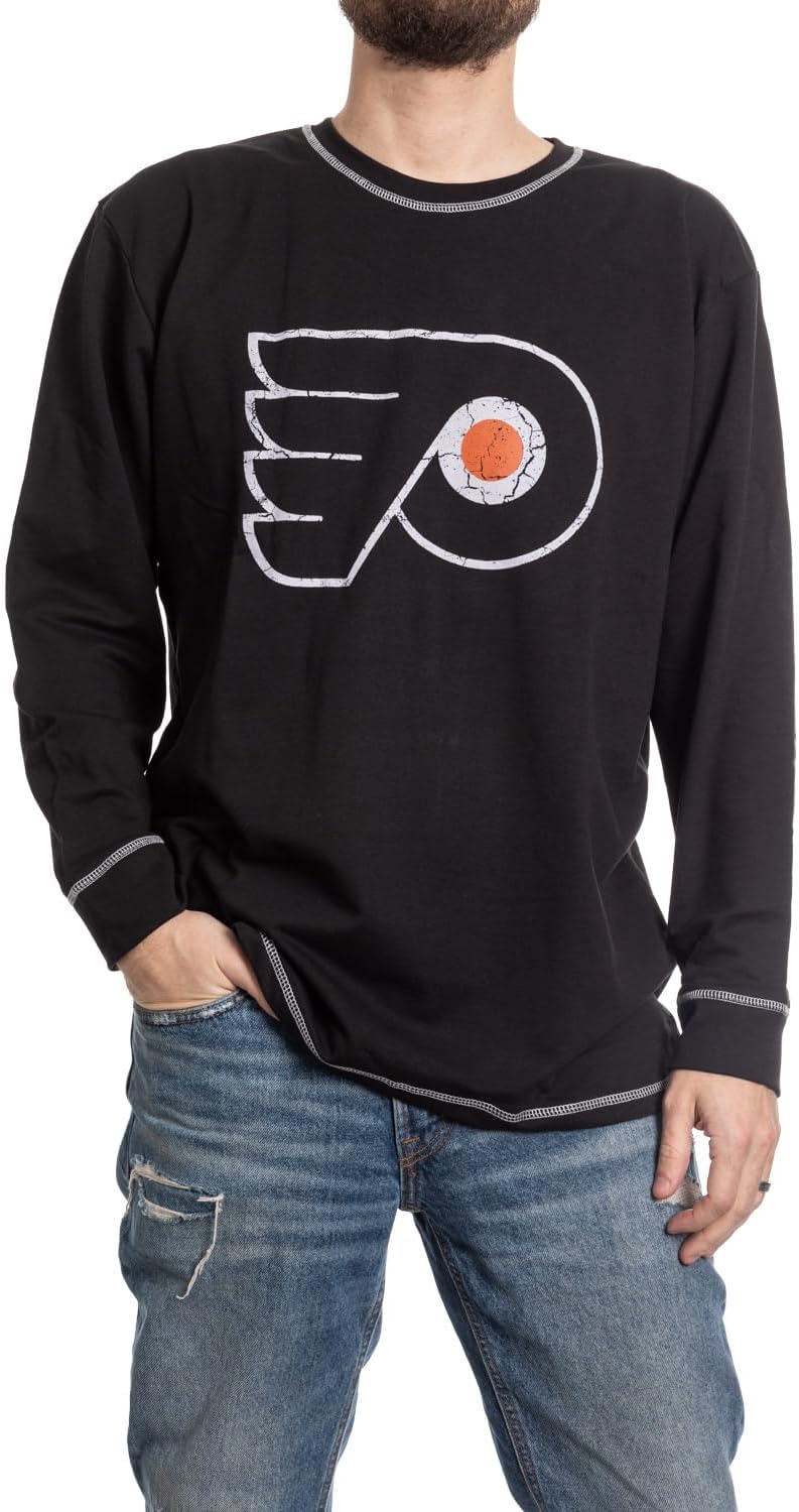 Calhoun NHL Men's Officially Licensed Team Logo French Terry Long Sleeve Raglan Shirt