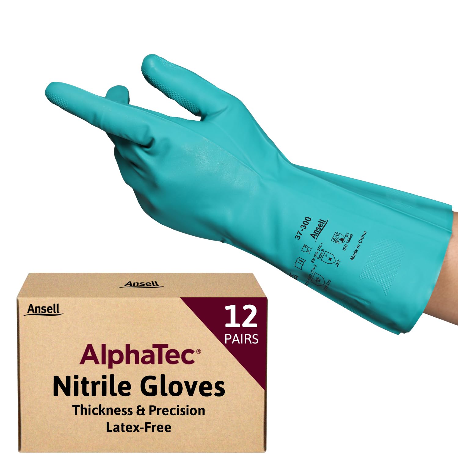 Ansell AlphaTec 37-300 Multipurpose Nitrile Gloves with Long Cuff, Chemical Protection and Food Safety, Reusable Kitchen Gloves, Household Cleaning and Dishwashing, Green, Size L (12 Pairs)