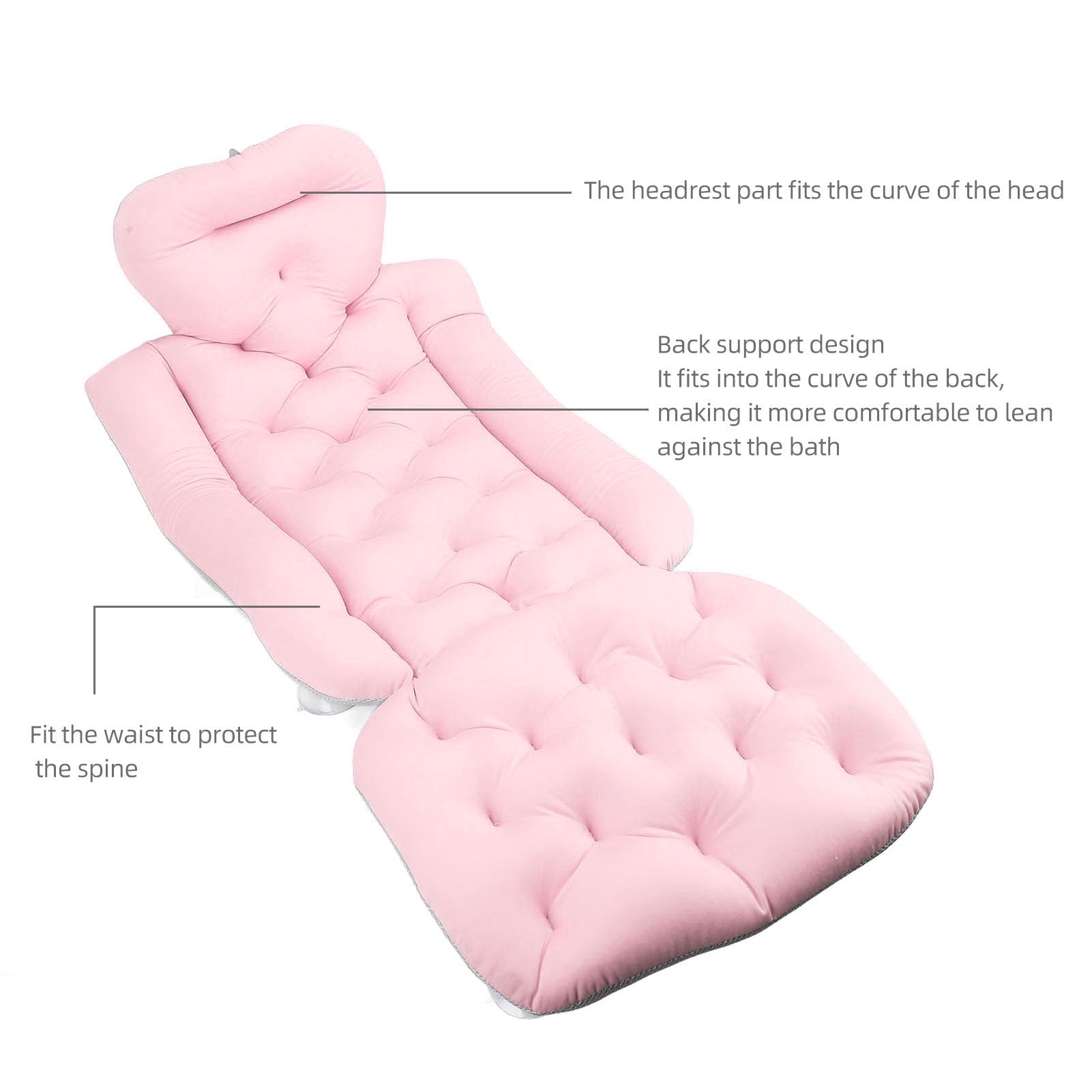 Cuscino bagno esteso per tutto il corpo, uso per adulti, cuscino vasca con ventose per supporto per testa, collo e schiena (Rosa)