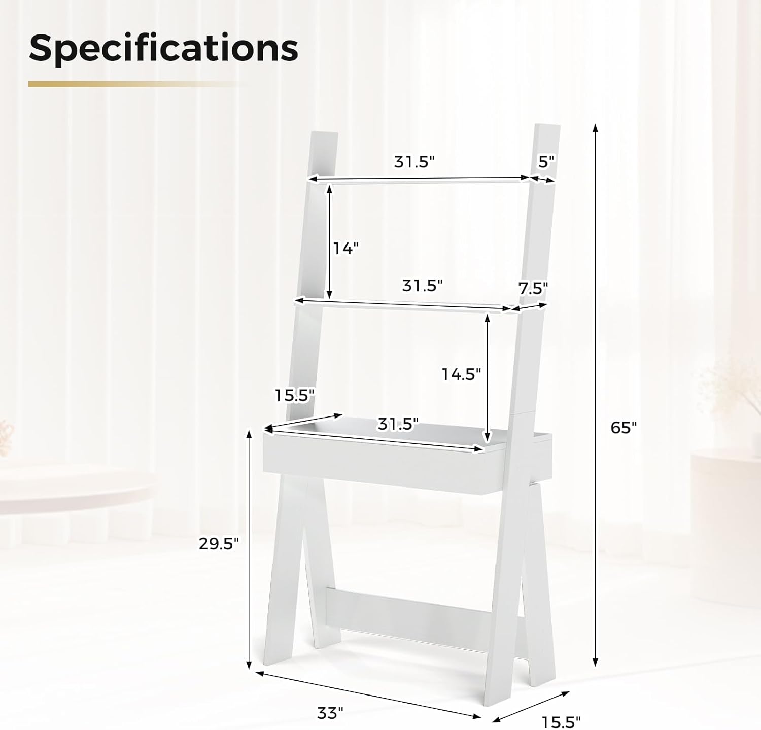 Tangkula Ladder Desk with Countertop & Drawer, Home Office Computer Laptop Table with Open Shelves & Anti-Tip Kits, Wall-Leaning Compact Working Station for Small Spaces (White)