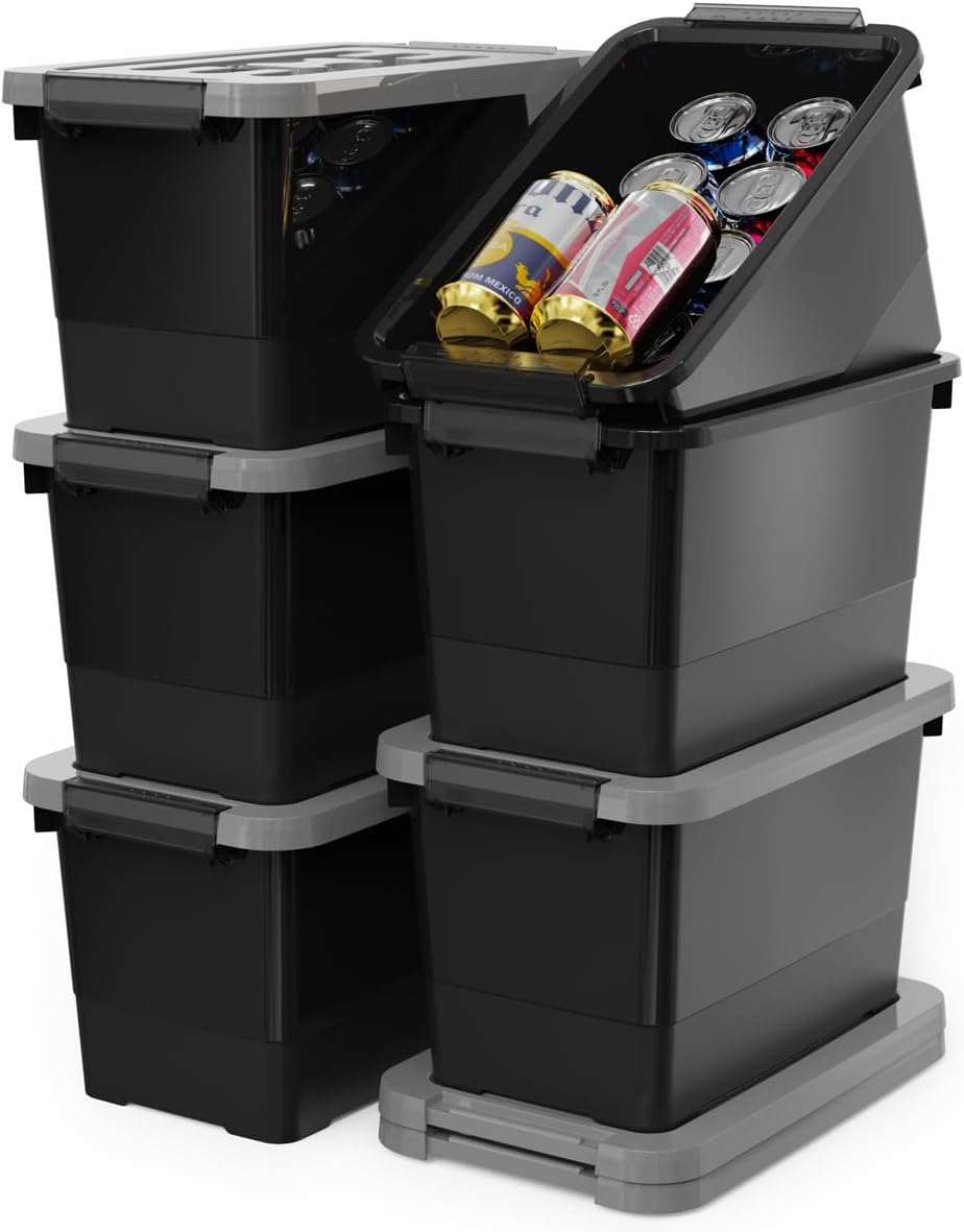 WYT 7 Quart Storage Bins with Lids and Latch, 6-Pack Stackable Plastic Organizing Box with Buckle and Handle, Durable Nestable Totes Containers (Black/Grey)