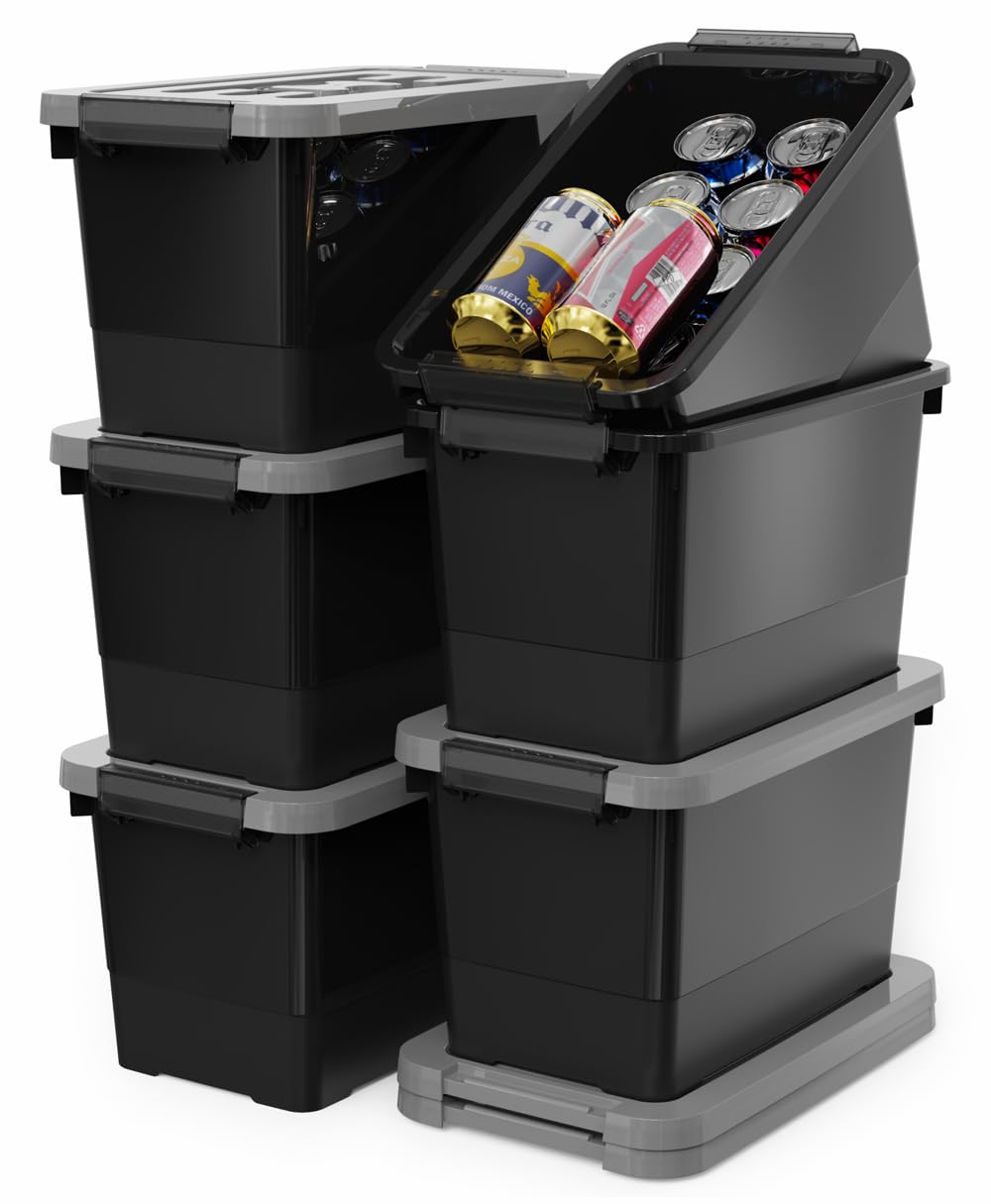 WYT 7 Quart Storage Bins with Lids and Latch, 6-Pack Stackable Plastic Organizing Box with Buckle and Handle, Durable Nestable Totes Containers (Black/Grey)