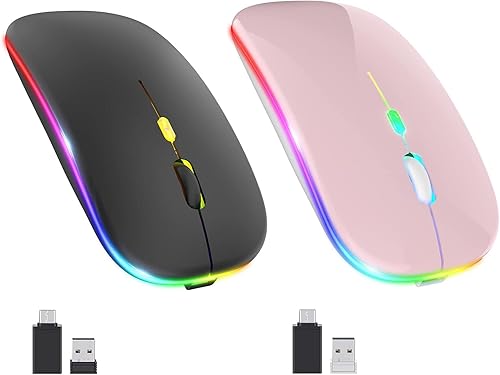 Ratón inalámbrico LED, mouse silencioso delgado 2.4G portátil óptico de oficina con USB y receptor tipo C, 3 niveles de DPI ajustables para
