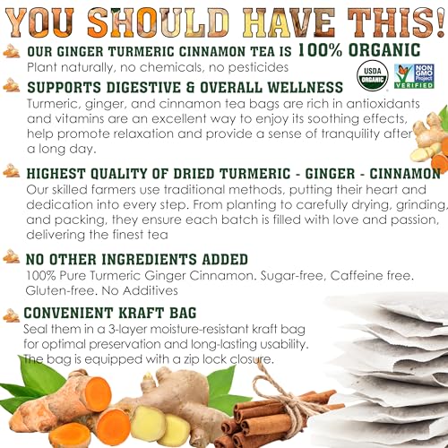Image of USDA Organic Turmeric Ginger Cinnamon Tea Bags (50 Count) n Supports Digestion, Brain, Skin, Sleep & Joint Mobility n Eco-Conscious, Caffeine-Free & Sugar-Free Herbal Wellness Tea n Vegan, Non-GMO Natural Root Blend