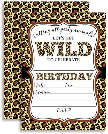 Leopard Print Wild Birthday Party Invitations, 20 5"x7" Fill In Cards with Twenty White Envelopes by AmandaCreation Perfect for Teen and Tween Birthdays, Even Adults!