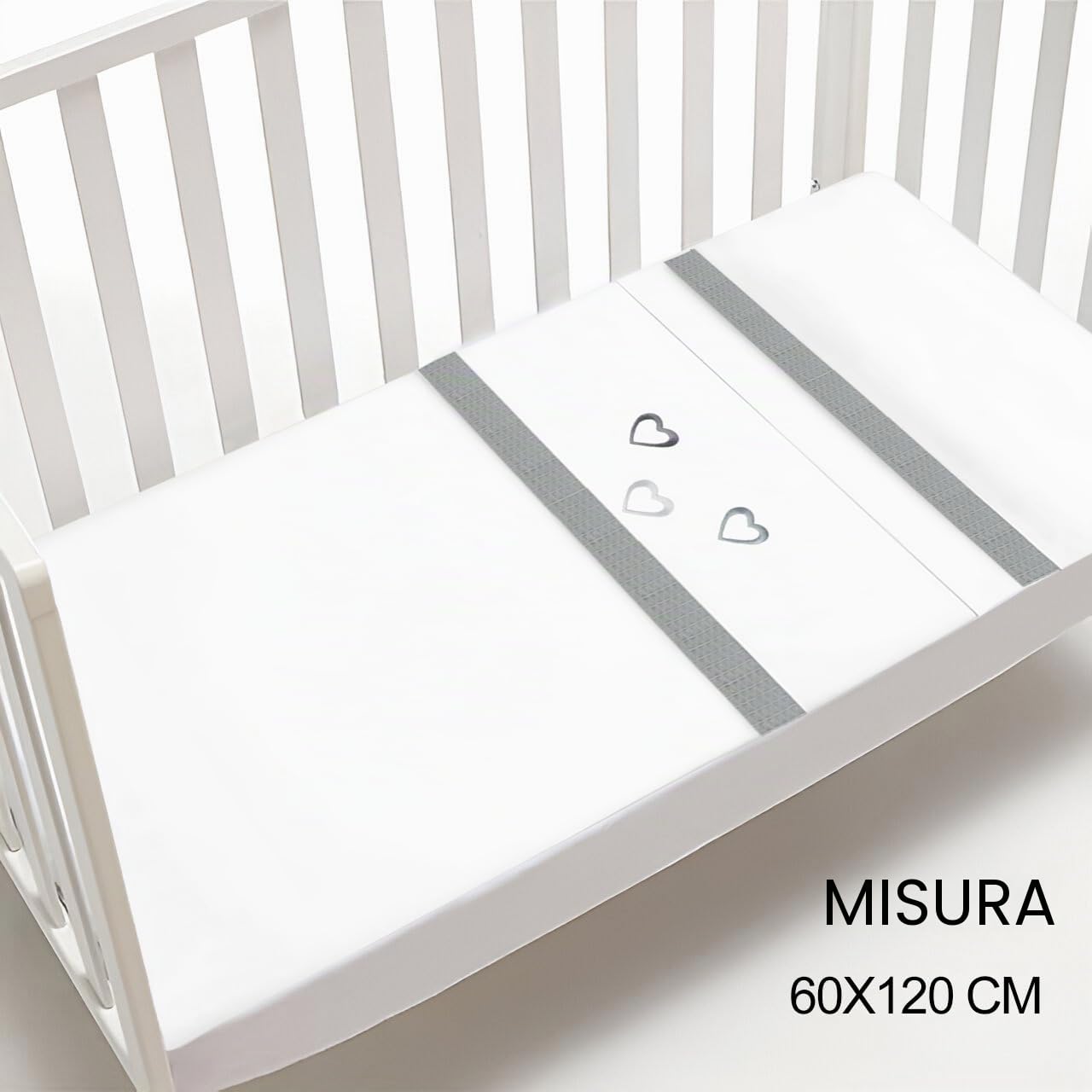 various Set Lenzuola Lettino Neonato 60x120 cm, 100% Cotone Extra Morbido, Include Lenzuolo con Angoli, Lenzuolo Sopra e Federa, Biancheria Letto Bambino Traspirante Happy Love Colore BCO/Grigio