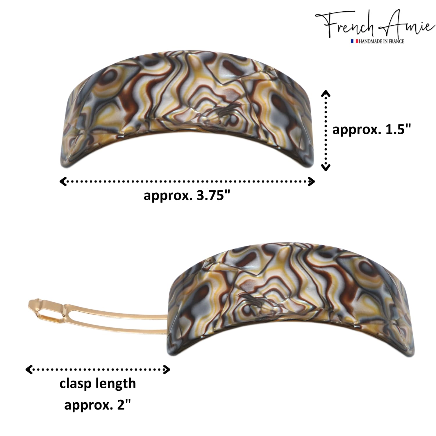 French Amie Broad Curved Oblong Onyx Silver Grey Extra Wide Large Celluloid Acetate Automatic Volume Hair Clip Barrette with Golden Clasp for Women and Girls - Image 6