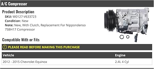 Compresor de A/C - con embrague - Compatible con Chevy Equinox 2.4L 2012-2015 4 cilindros (para modelos con compresor 7SBH17)