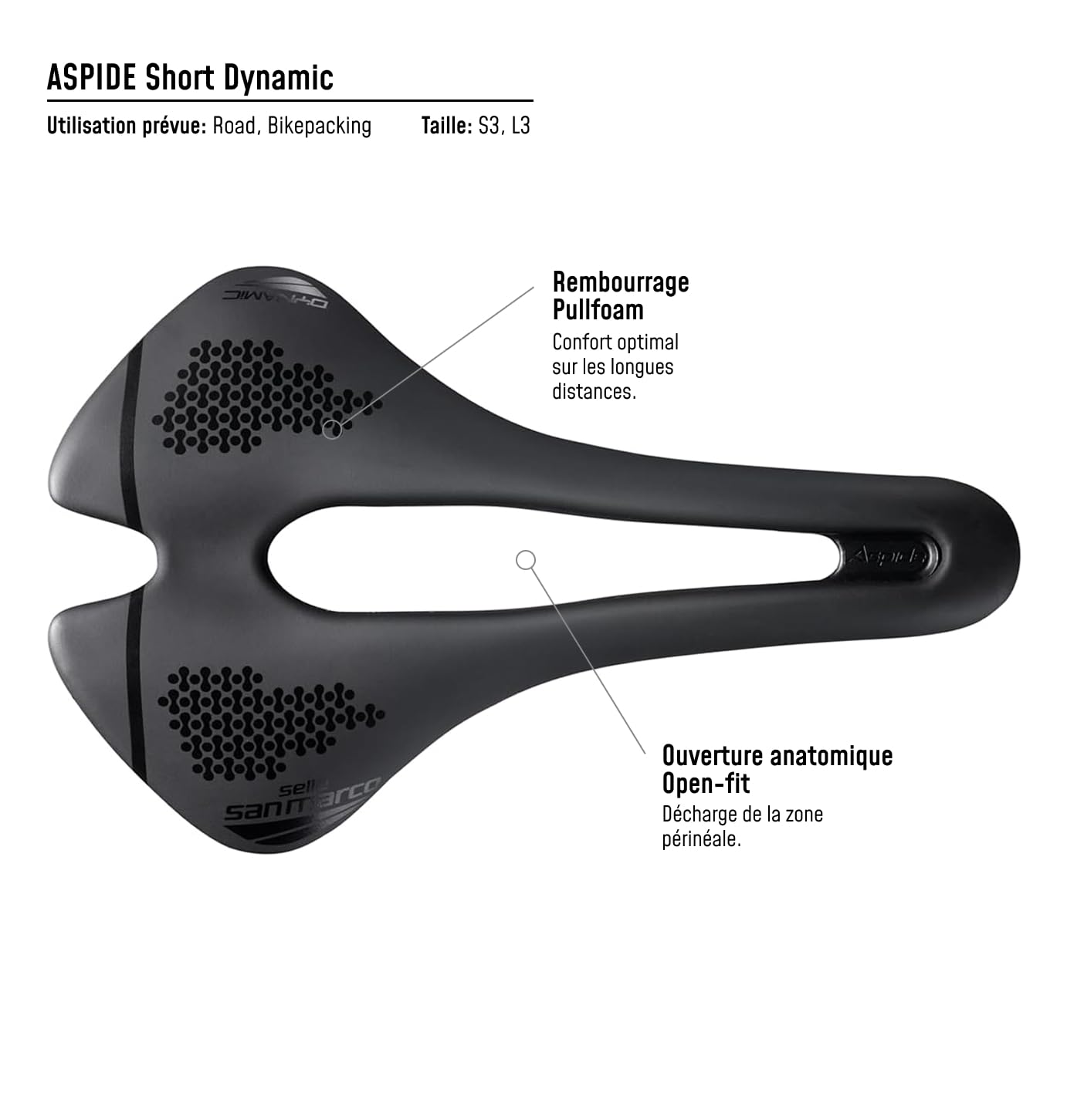 Selle San Marco ASPIDE Short Dynamic - Selle Vélo Route Légère, Trou Anatomique, Cadre Manganèse Résistant - Taille S3, Noir