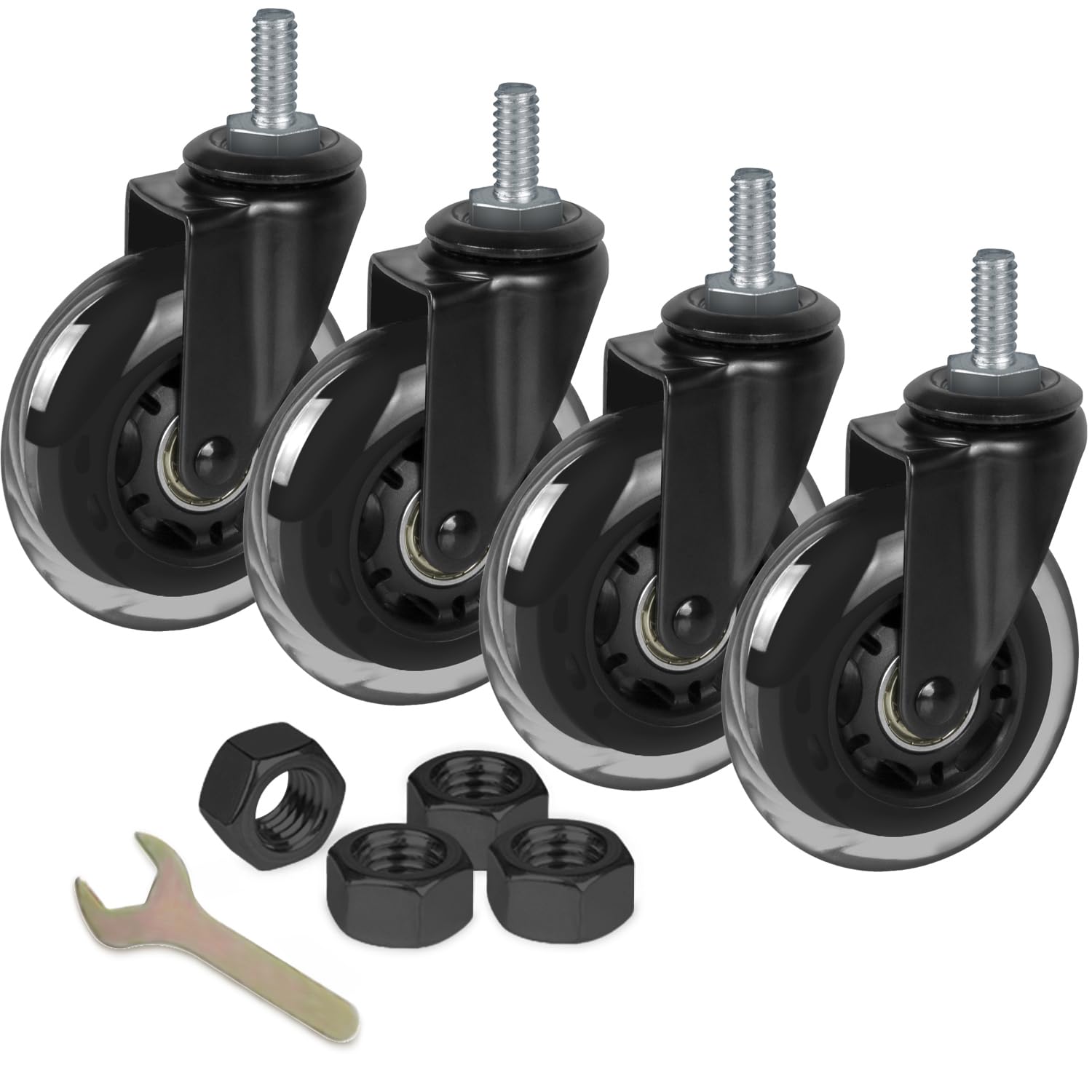 Photo 1 of ***MISSING ONE***3" Replacement Rubber Caster Wheels Heavy Duty Set of 4 with M10-25 Threaded Stem (No Brake)