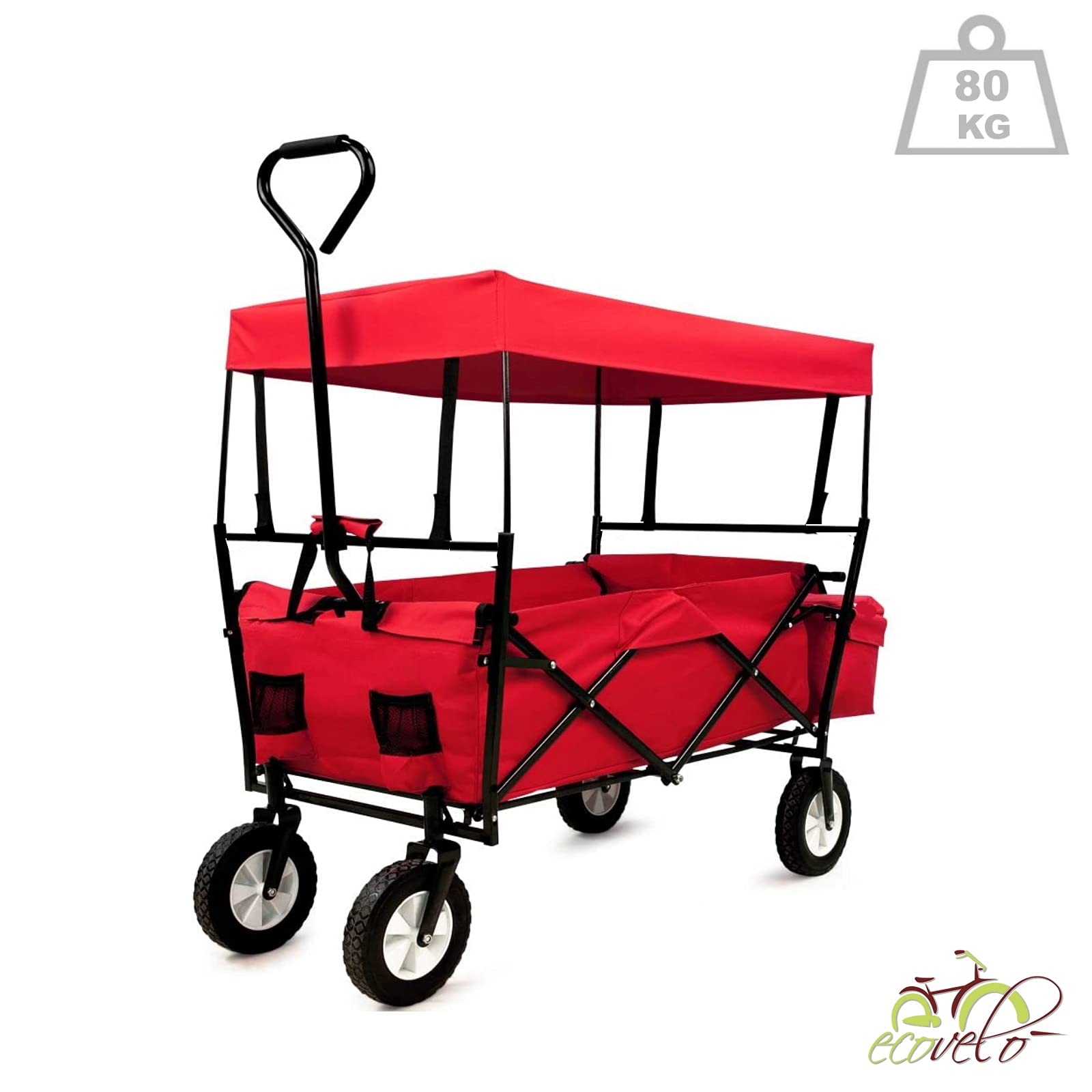 ECOVELO' CARRELLO A MANO PIEGHEVOLE DA SPIAGGIA MAX 80KG CON TETTUCCIO CARRETTO DA GIARDINO RICHIUDIBILE PER CAMPEGGIO