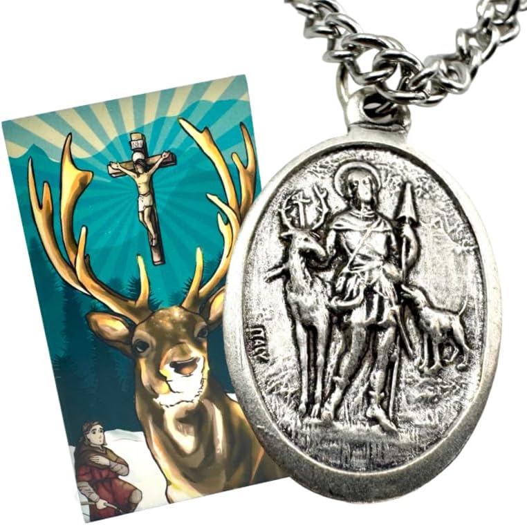 Westmon Works St Hubert Patron Saint of Hunters Set Medal with Stainless Steel Chain Holy Card Boxed