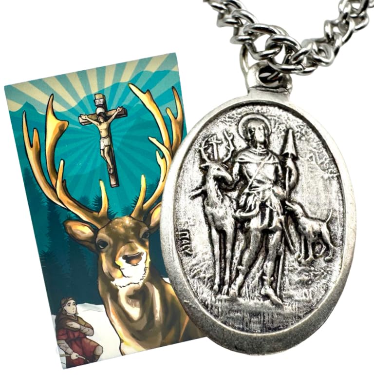 Westmon Works St Hubert Patron Saint of Hunters Set Medal with Stainless Steel Chain Holy Card Boxed