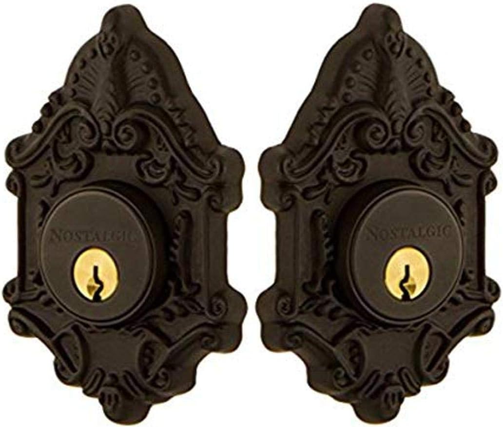 Nostalgic Warehouse 733018 Victorian Plate Double Cylinder Deadbolt Victorian Door Knob in Oil-Rubbed Bronze,