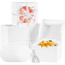 JCD 48pcs Cake Boxes 8x8x5in with Window,White 8 inch Cake Boxes with Boards for Pastries,Cupcakes,Cookies, Pie, Muffins and Donuts24 Boxes &24 Boards & Stickers & ribbon 8 * 8 * 5inch/24sets