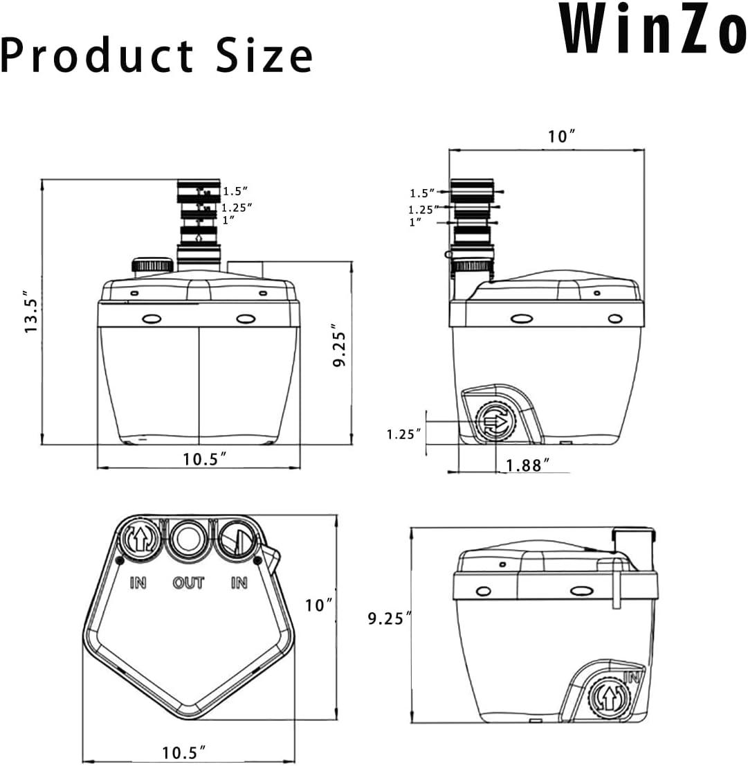 WinZo 250W Sewage Kitchen Pump Utility Laundry Pump Under Vanity For Basement, 4 Inlets Laundry,Shower,Bathroom Low Water Pressure Area Space Saving,White