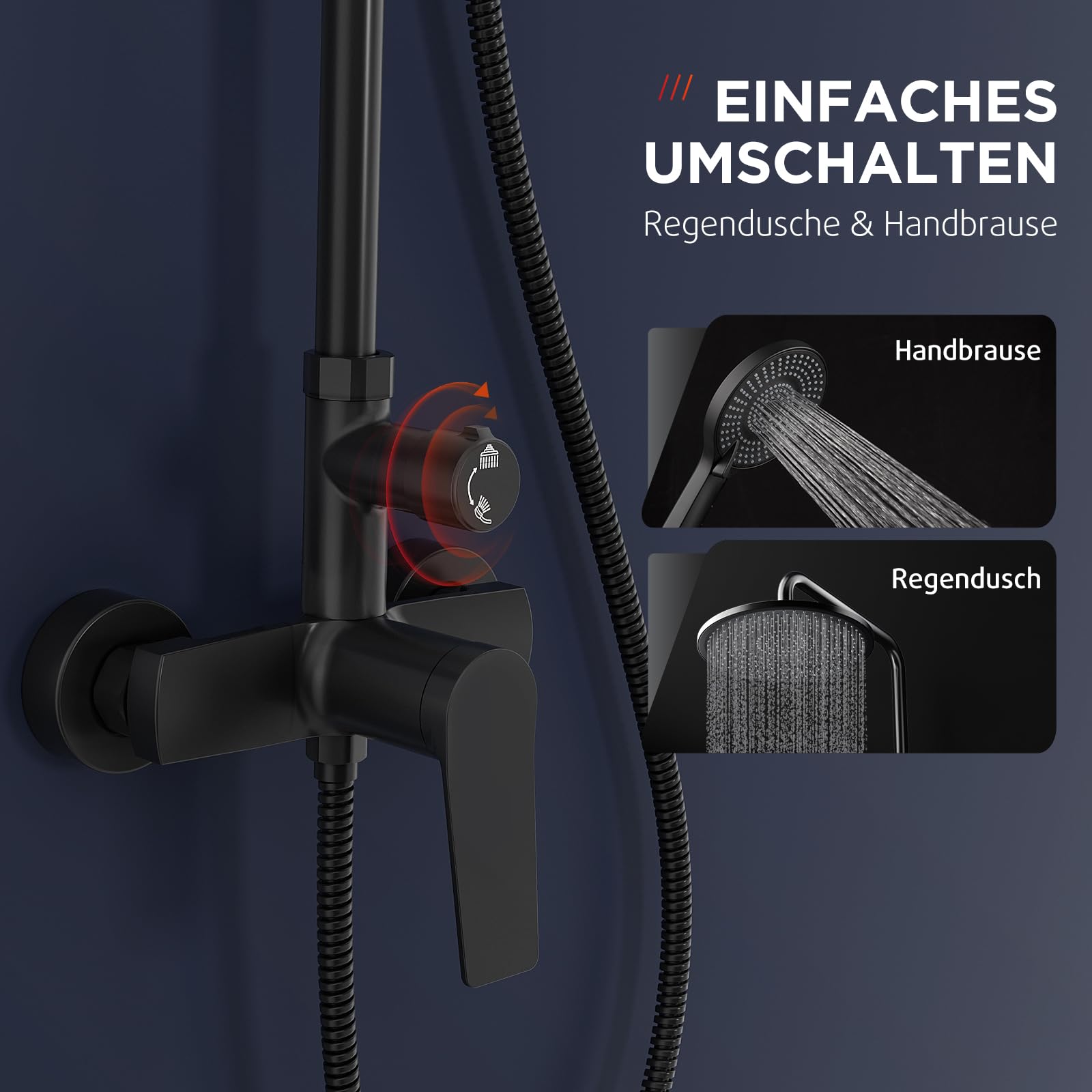 Rainsworth Colonna Doccia con Miscelatore Nero, 25 cm rotondo soffione doccia, doccia a mano 3 Funzione Doccetta, kit doccia, doccia completa