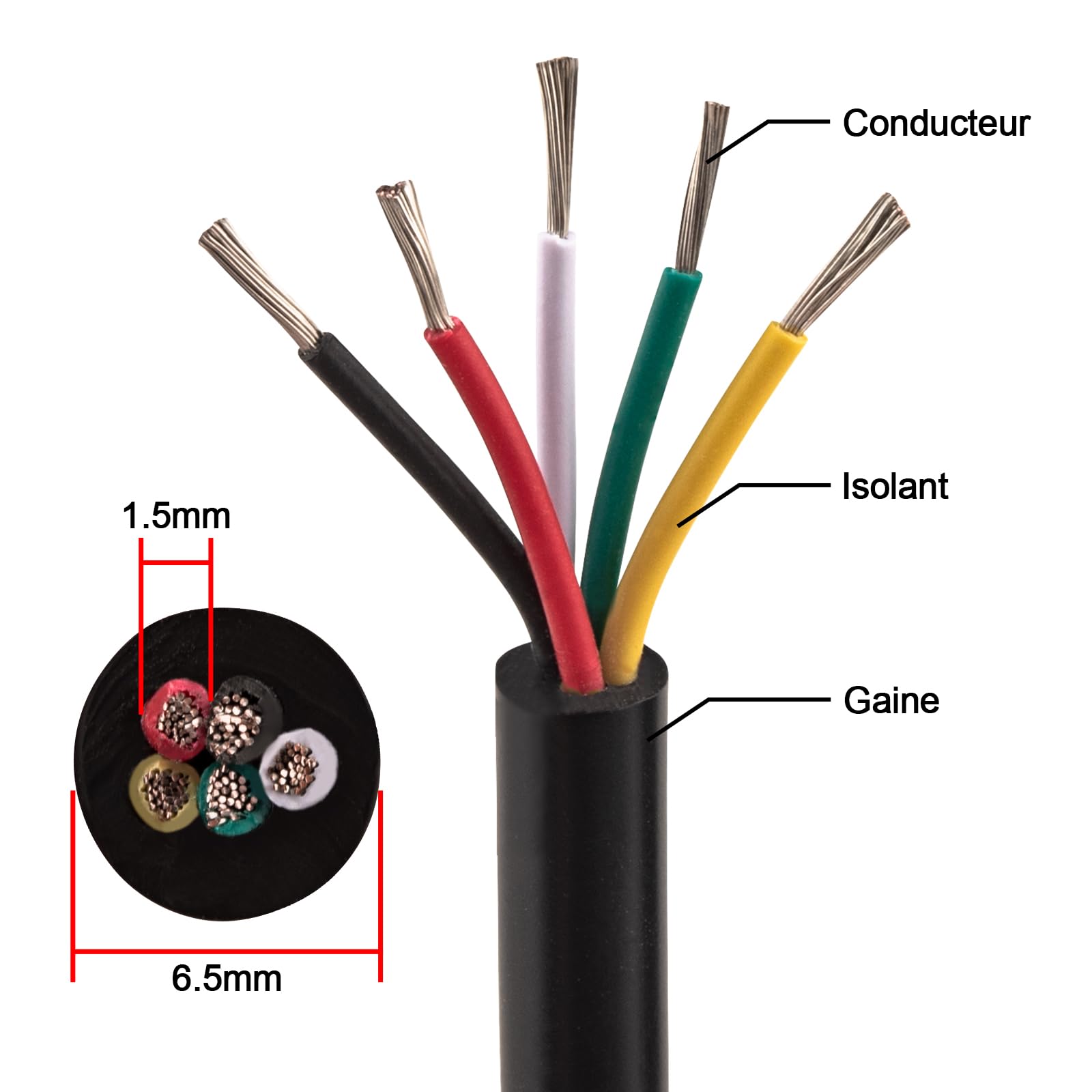 Cable eléctrico (20 m, 20 AWG, 5 conductores, 0,5 mm², UL2464, 5 alambres de cobre estañado, 20 Gauge espiral, extensión de baja tensión, 20 m), color negro