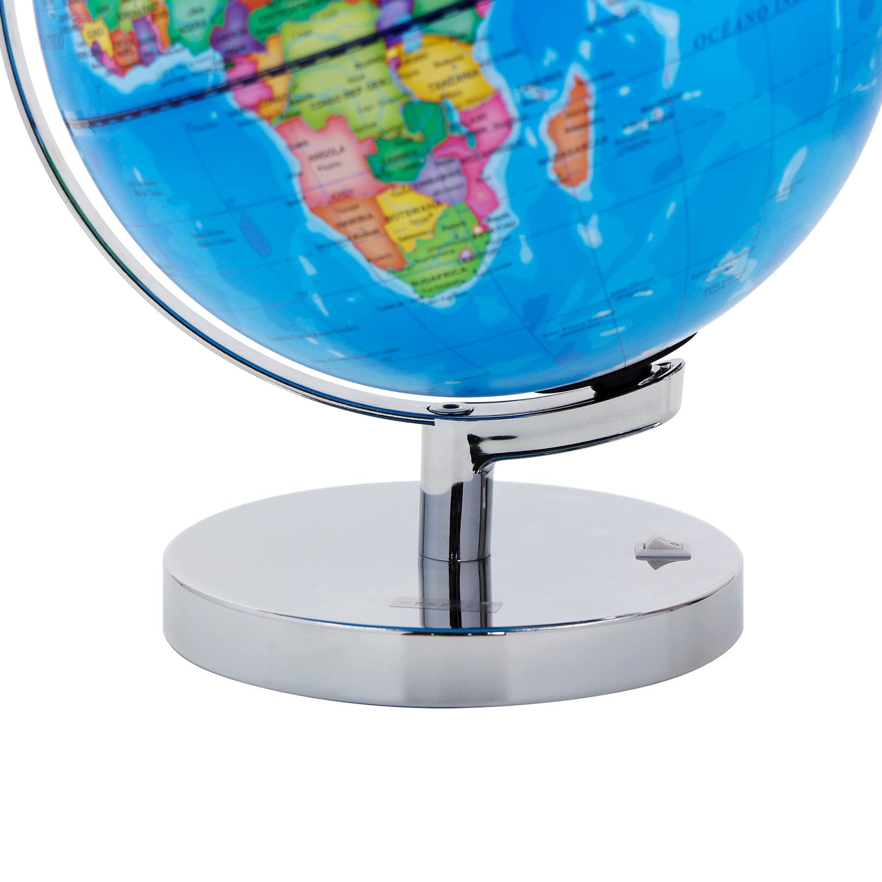 EXERZ Globo Terráqueo Iluminado 23 cm Mapa Español Y Constelaciones | Lámpara LED Sin Cable Base Metálica Cromada Modo Día Noche Para Escritorio Habitación Aula Y Regalo Educativo