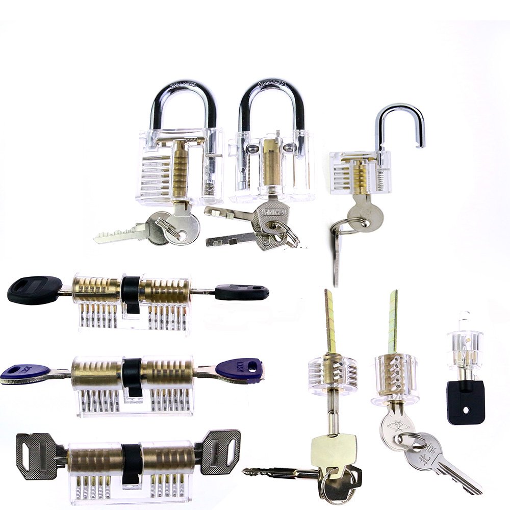 Cerradura transparente de práctica de cerradura, estructura interna claramente visible, cerradura de entrenamiento transparente para cerrajero, principiante (9 candados)