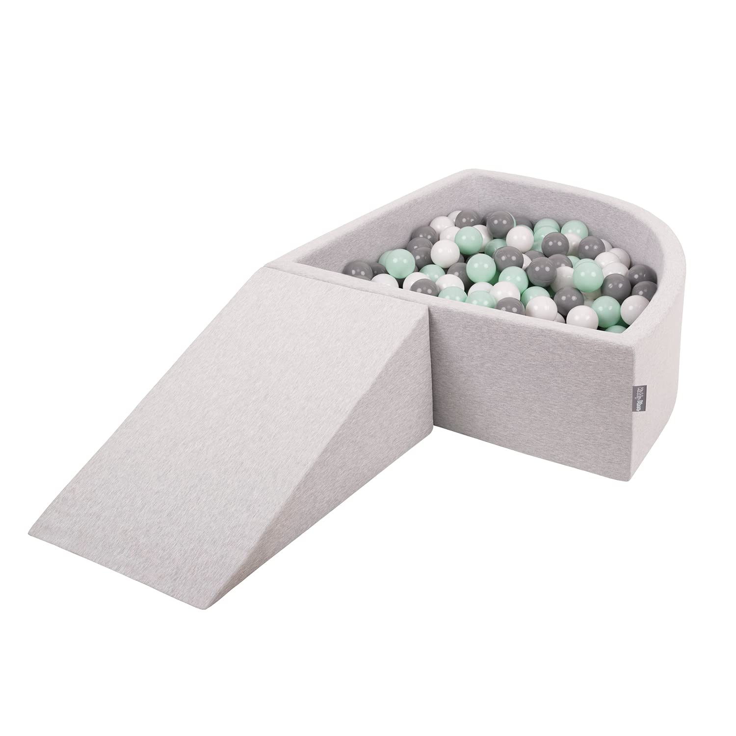 KiddyMoon Foam Playground For Kids With Quarter Angular Ballpit (200 Balls) Obstacle Course, Lightgrey:White/Grey/Mint โ image 1
