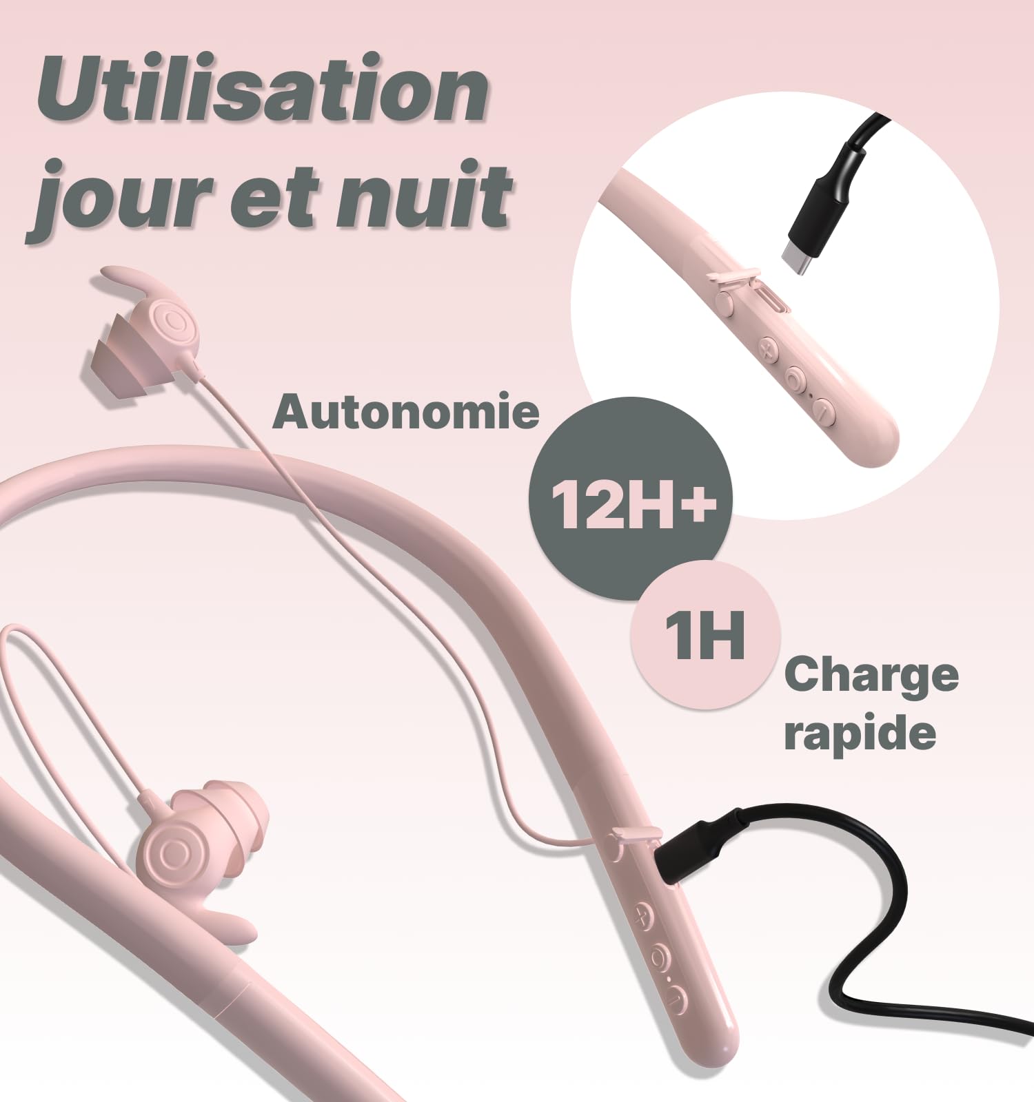 Hmusic Écouteurs de Sommeil Bluetooth sans Fil, Plats ecouteurs, Anti-Bruit, Doux et Confortable, pour Dormir sur Le côté, Yoga, entraînement, Voyage, détente