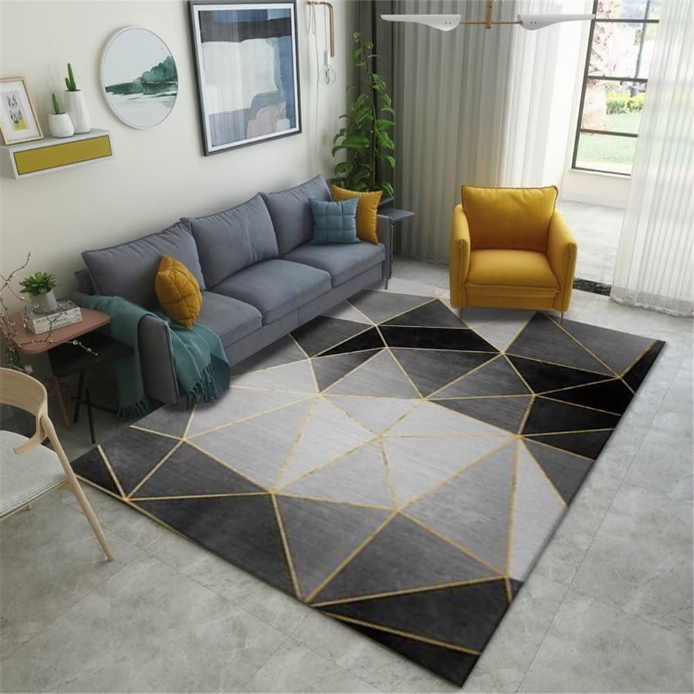 Tapis salon pas cher lavable grand tapis gris 140x200cm aux motifs triangles