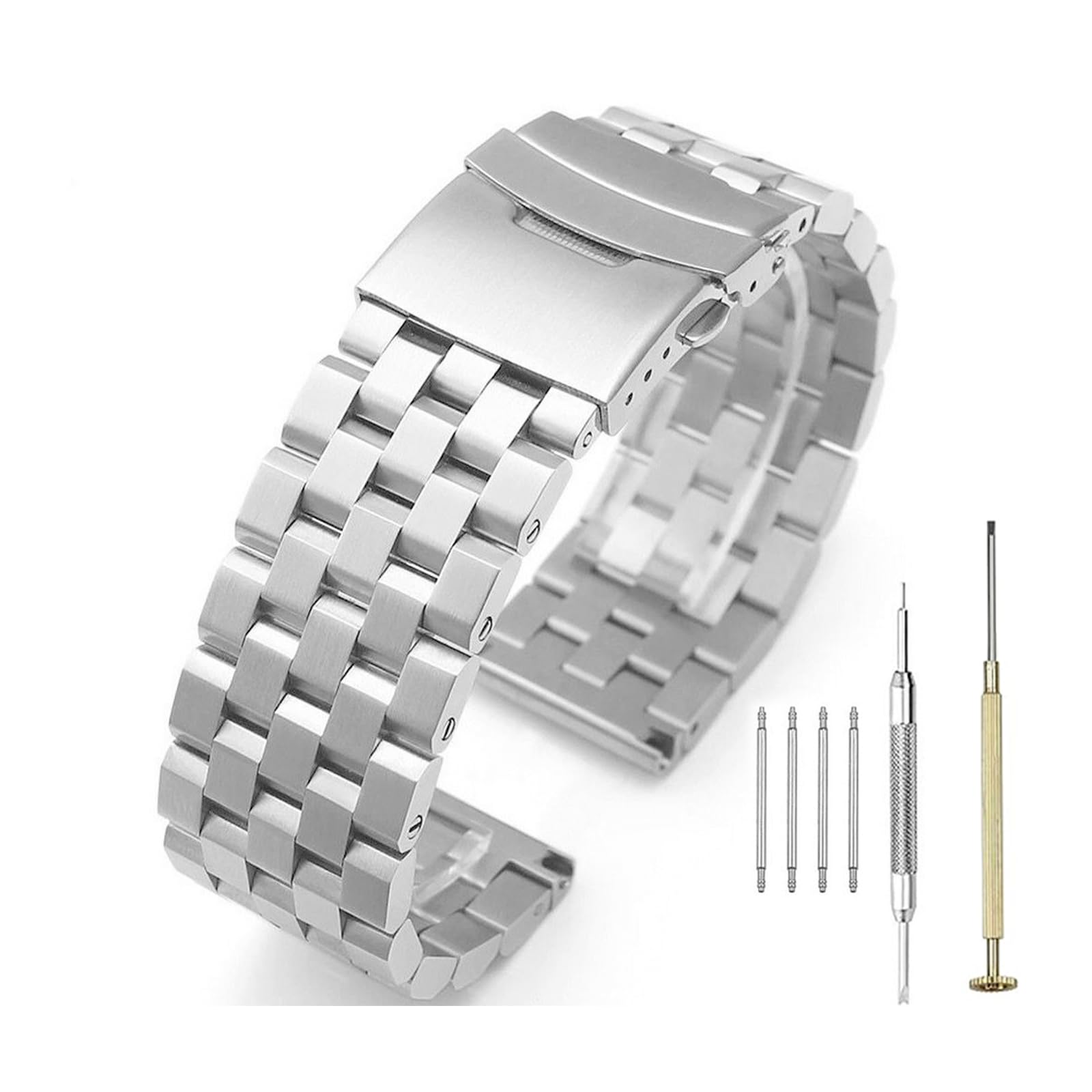 Black Silver Super Engineer Screw Fixed Links Watch Strap 316L Brushed Finish Solid Stainless Steel Watch Band 20mm 22mm 24mm with Double Flip Lock Diver's Clasp for Men Women