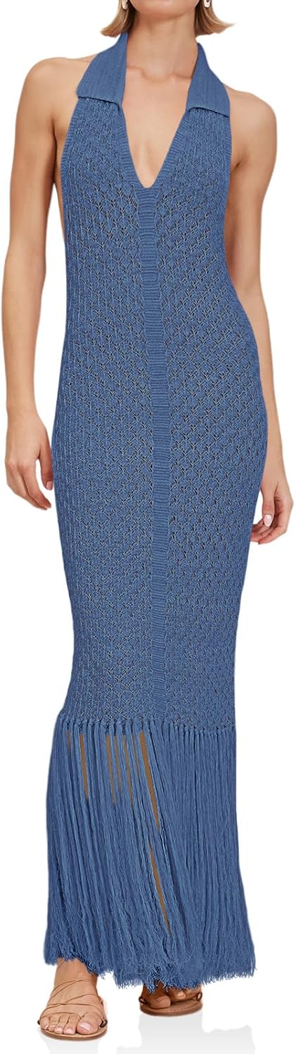 Saodimallsu Womens Halter Crochet Cover Up Fringe Sexy Backless Sleeveless V Neck Collared Vacation Beach Maxi Dress