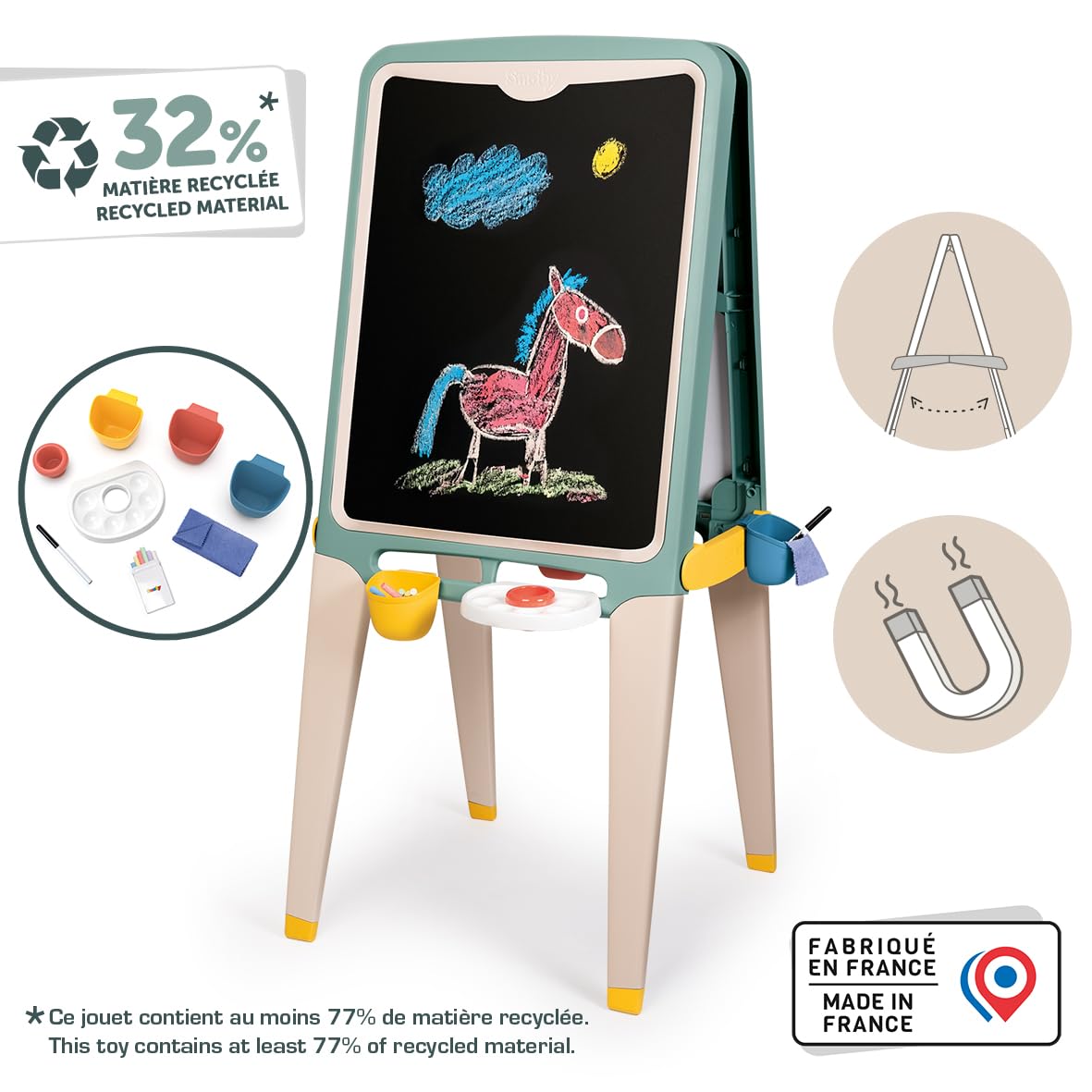 Smoby - Grand Tableau - Faces Craie et Magnétique - Bacs Amovibles - 13 Accessoires - Matière Recylée - Fabrication Française