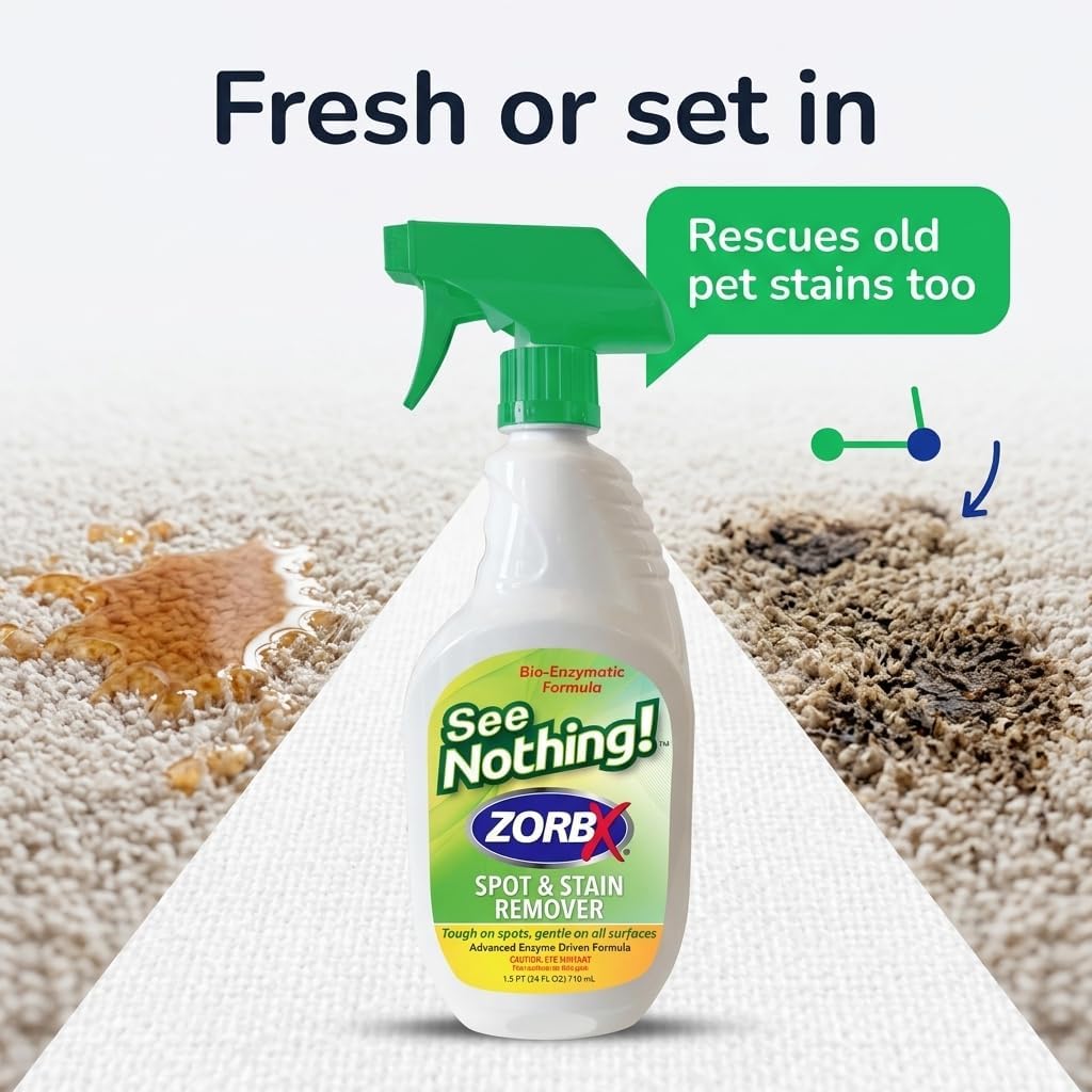 ZORBX See Nothing Spot & Stain Remover Spray (24 oz.) - All Purpose Cleaner for Shoes, Clothes, Furniture & Pet bedding - Fast-Acting Scrub-Free Odor & Enzyme Stain Remover for Ink, Blood & Urine
