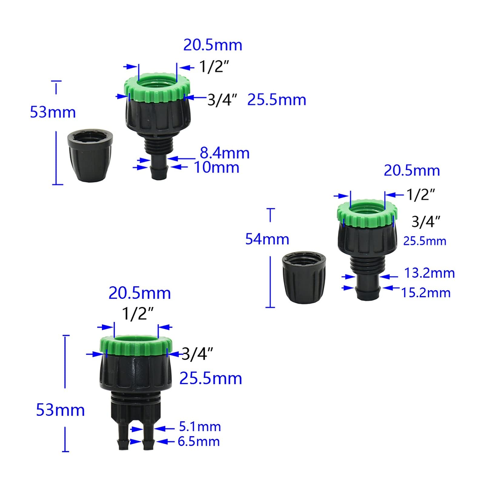 Adaptador de conector de manguera 20pcs 1/2 3/4 "hilo a 1/4" 3/8 "1/2" Conector de la manguera de la manguera del jardín 8/11 16mnm Adaptador de manguera 2-WAY 4/7 Separador de agua