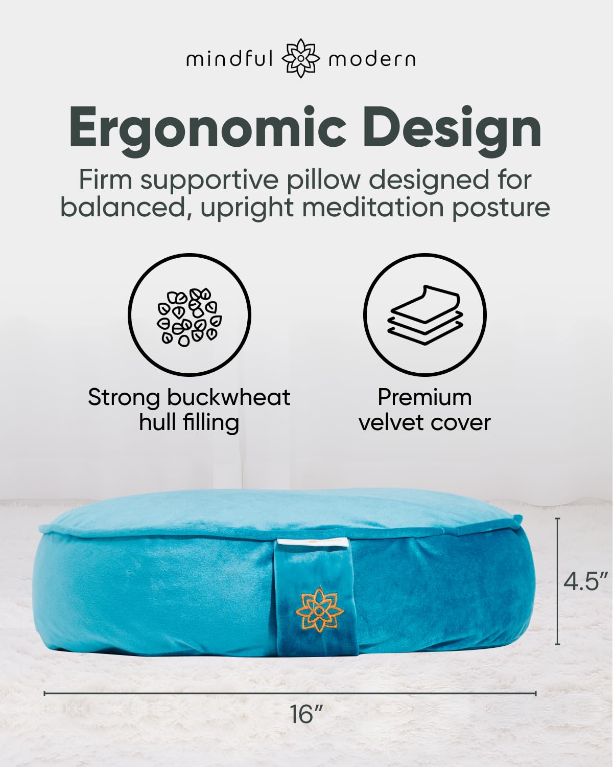 Mindful and Modern - Cojín de meditación de terciopelo – Almohada de suelo Zafu de lujo para yoga – Almohada grande de meditación de trigo sarraceno con funda extraíble de lujo en seis colores