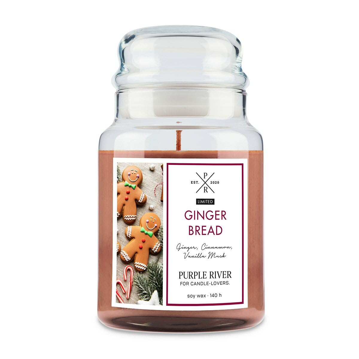 Purple River - Vela perfumada grande en tarro de cristal con tapa | Gingerbread | Vela perfumada de Navidad | Velas de larga duración | Vela de cera de soja | Ambientador para el hogar