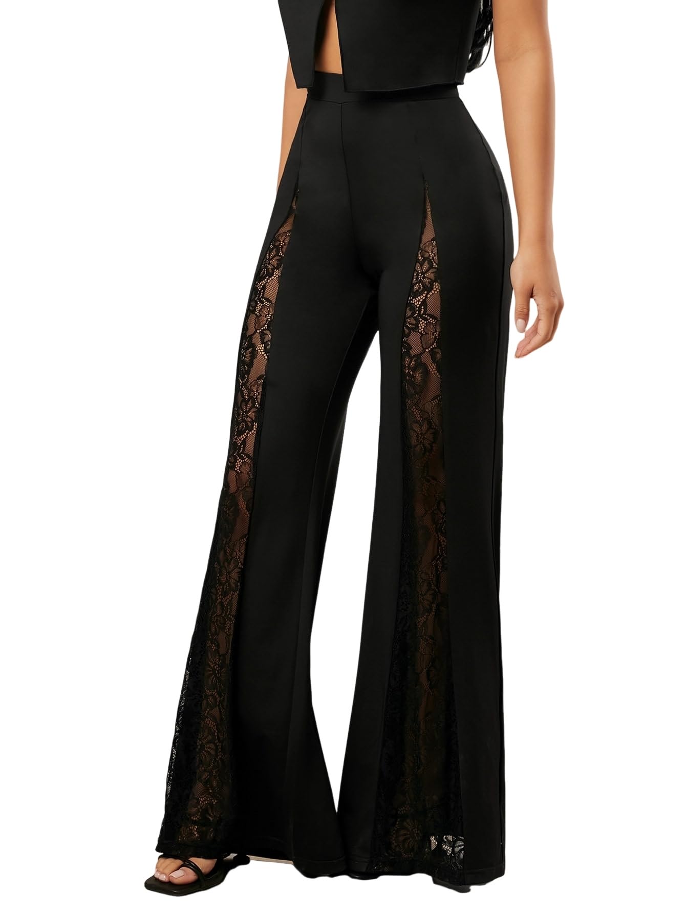 Urchics Womens Elegant Pants Sexy Contrast Lace Flare Leg Pants